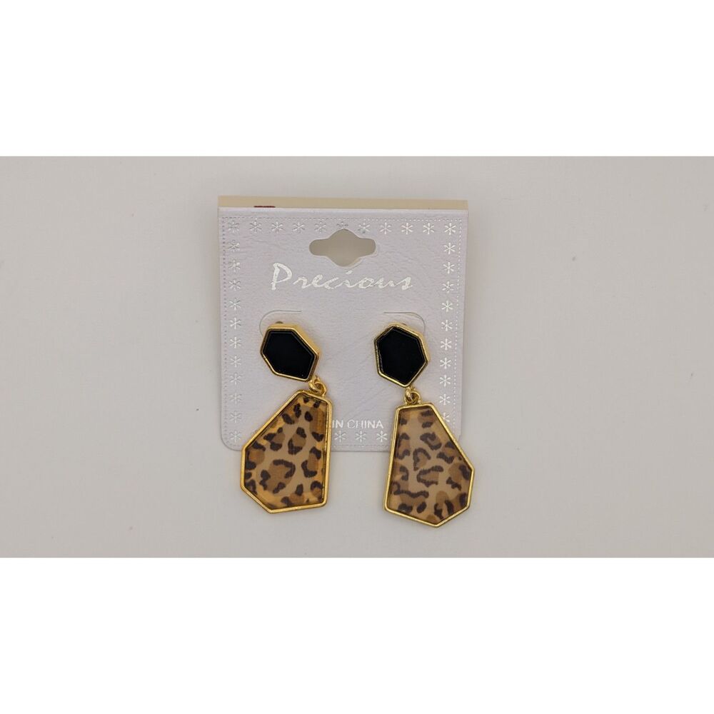 Fashion Leopard Print Dangle Earrings – Geometric Black & Gold Drop